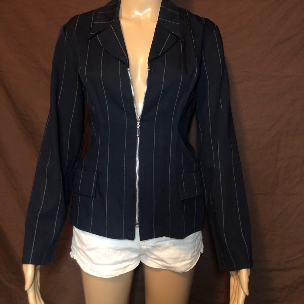 Navy Pen Striped Blazer With Zipper